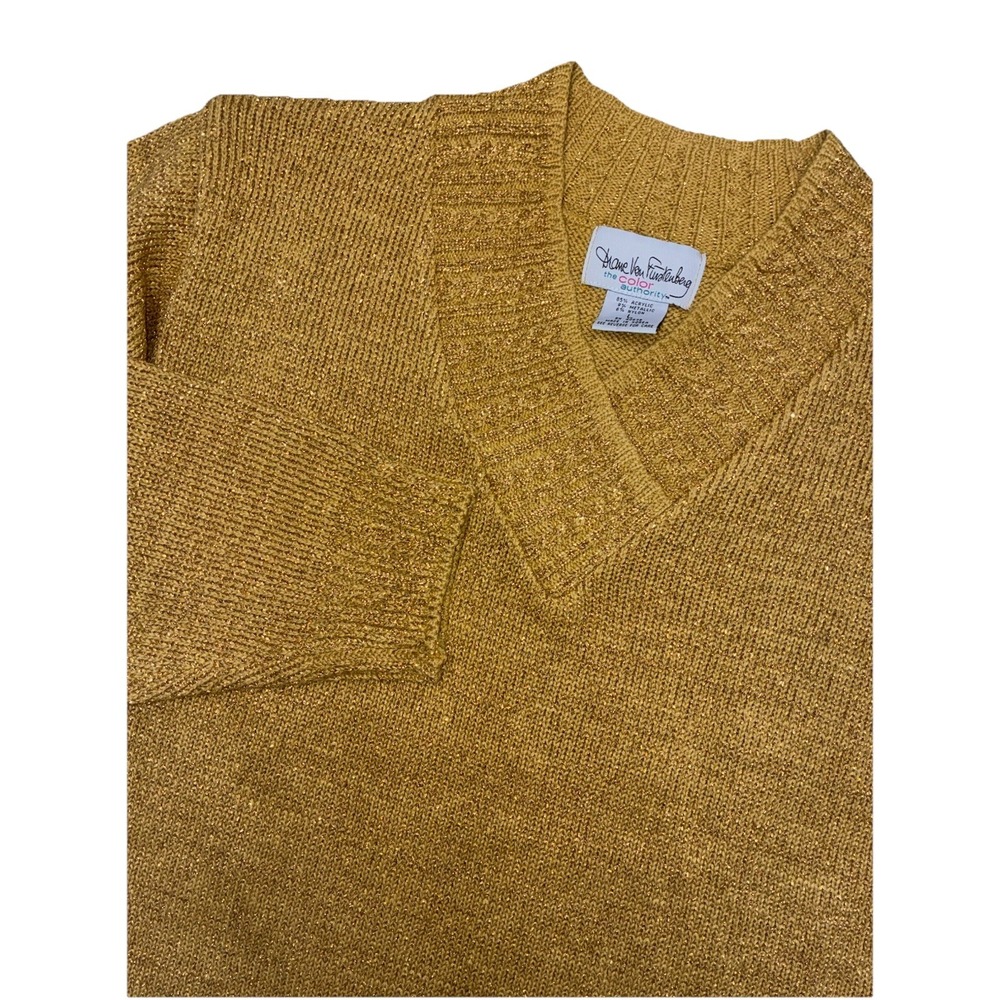 Vintage Diane Von Furstenberg‎ Sweater L Gold Metallic Knit V Neck Relaxed Fit
